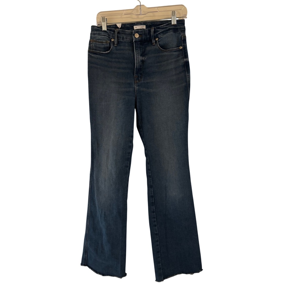 Good American High Rise Flare Jeans Dark Wash Raw Hem 8/29